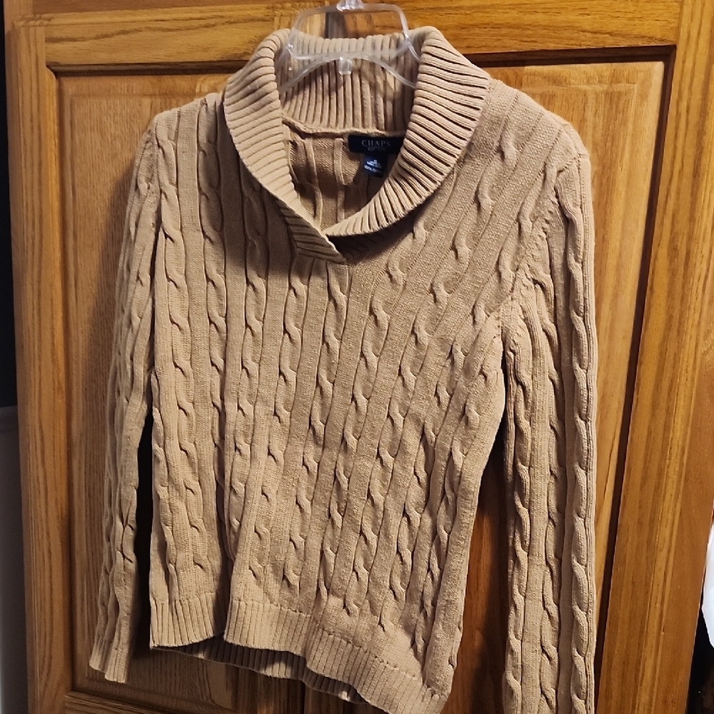 Chaps  Y2K Beige Cable Knit Cowl Neck Sweater Earthy Granola Quiet Luxury